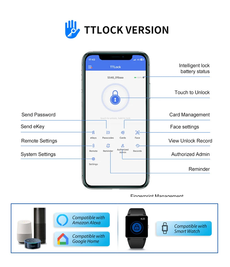 TTLOCK 3D Face Recognition Access Control Keypad Door Lock Opener Fingerprint E-Key Code App RF Remote Facial RFID Card Unlock
