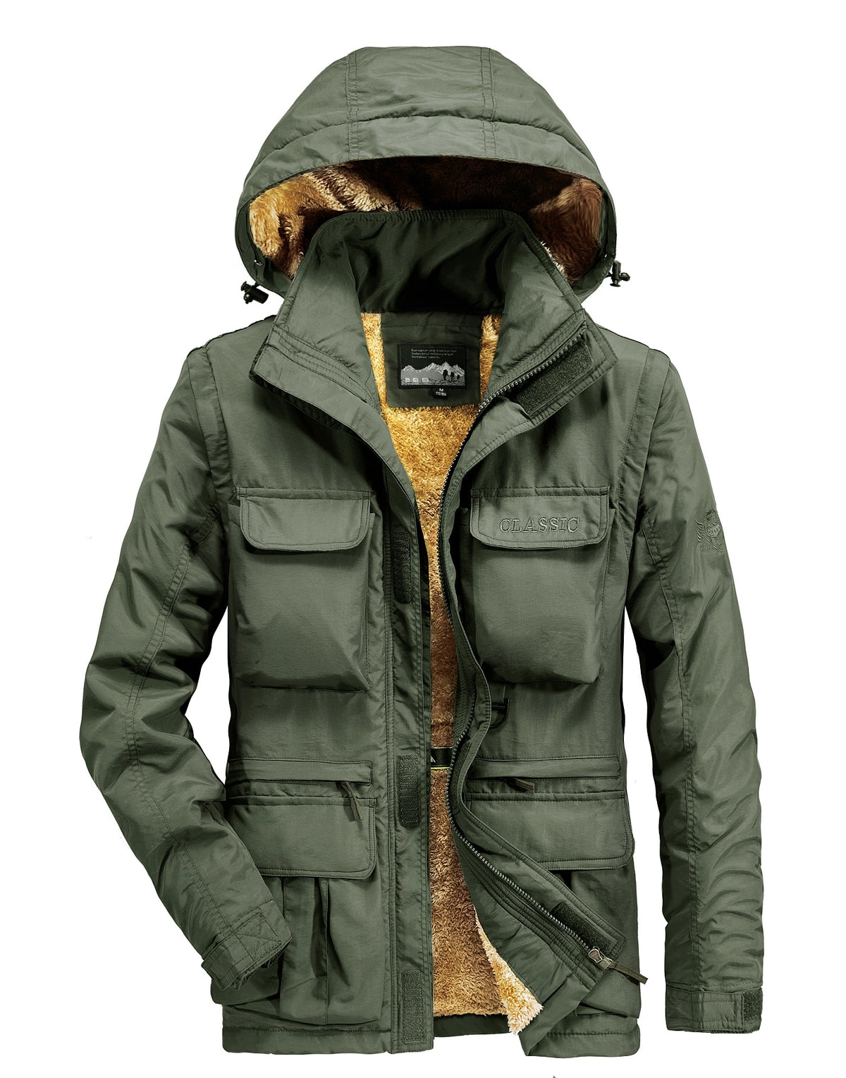 WarmthMax Cargo Jacket for Men - Fleece Lined, Removable Hood, Military Style, Water Resistant, Breathable, and Adjustable Fit for Outdoor Activities
