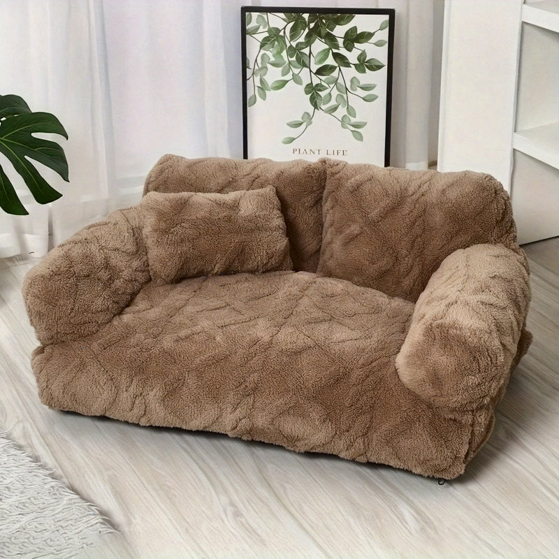Pet Sofa Bed - Removable and Machine Washable Cover, All-Season Cozy Design in Soft Polyester Striped Khaki Color – Ideal Gift for Pet Lovers, Perfect for Small Cats & Dogs, Great for Winter