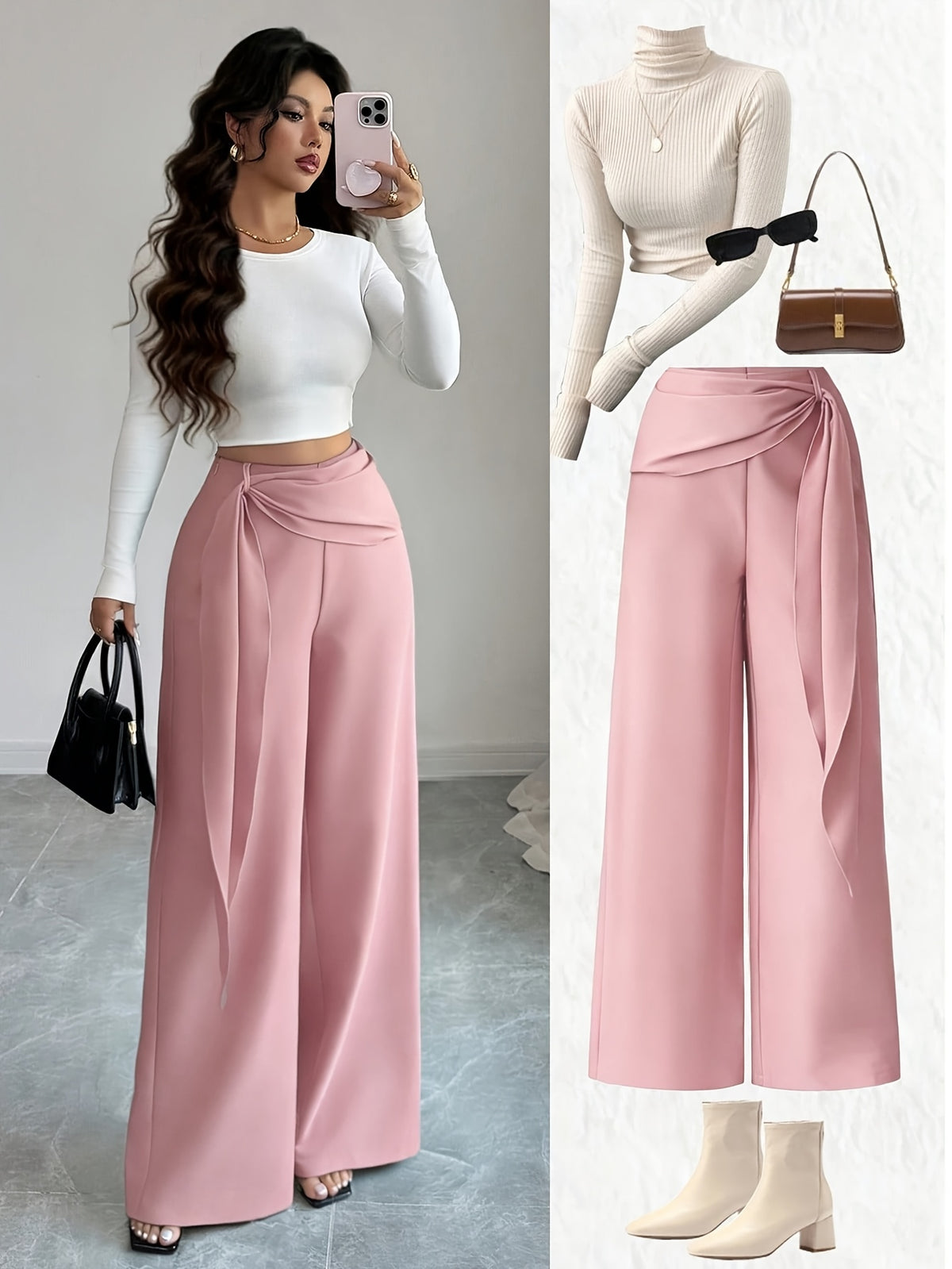 Women's High-Waisted Wide- Flare Bell-Bottom Pants with Belted Waist & Built-In Zipper - Twill Trousers Suitable for Commuting,, Casual Wear, Spring/Autumn Elegant Loose Fit Solid Color Full-Length Pants