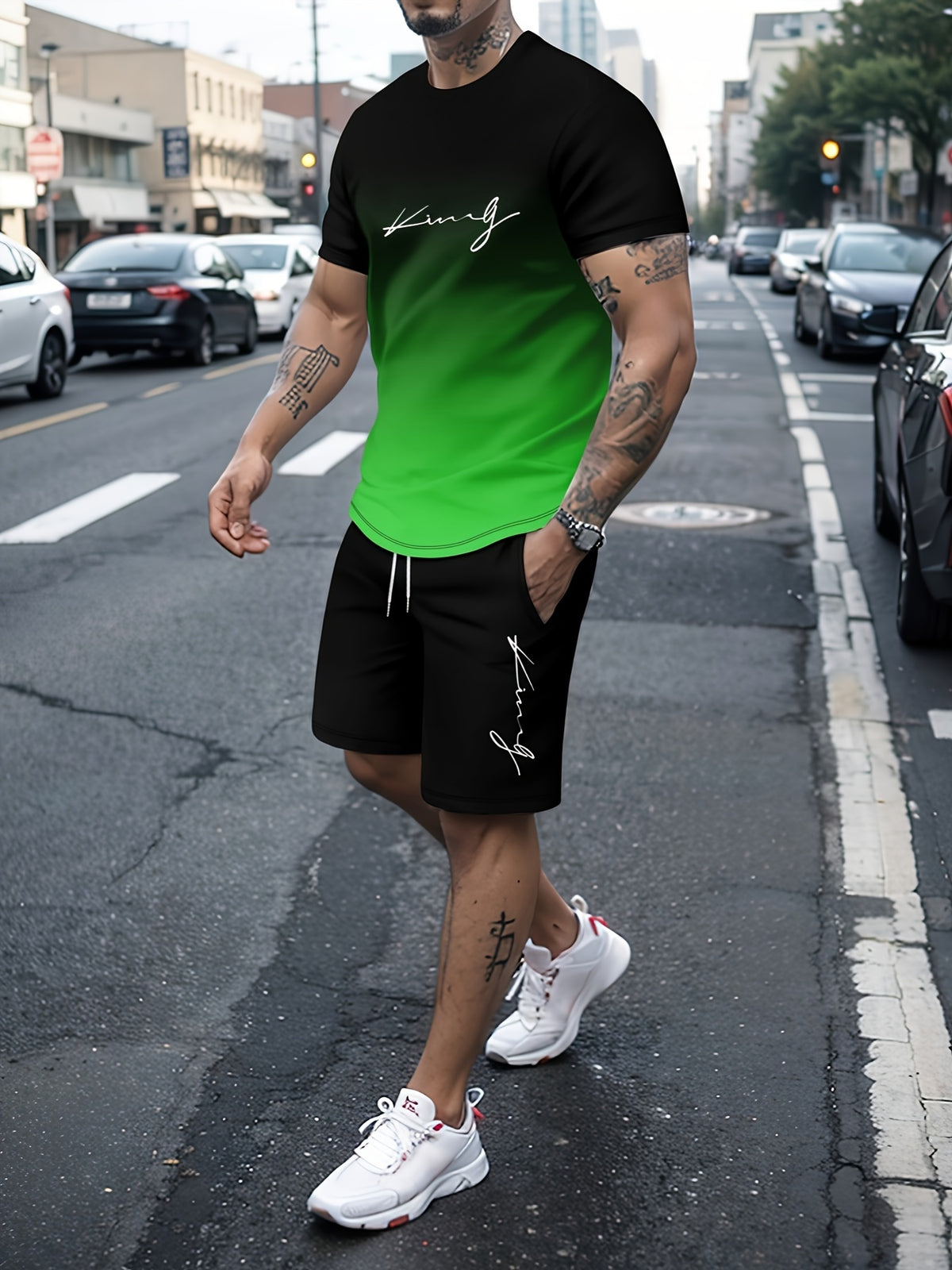 Ombre 2Pcs Trendy Outfits For Men, Casual Crew Neck Short Sleeve T-shirt And Drawstring Shorts Set For Summer, Men's Clothing Vacation Workout