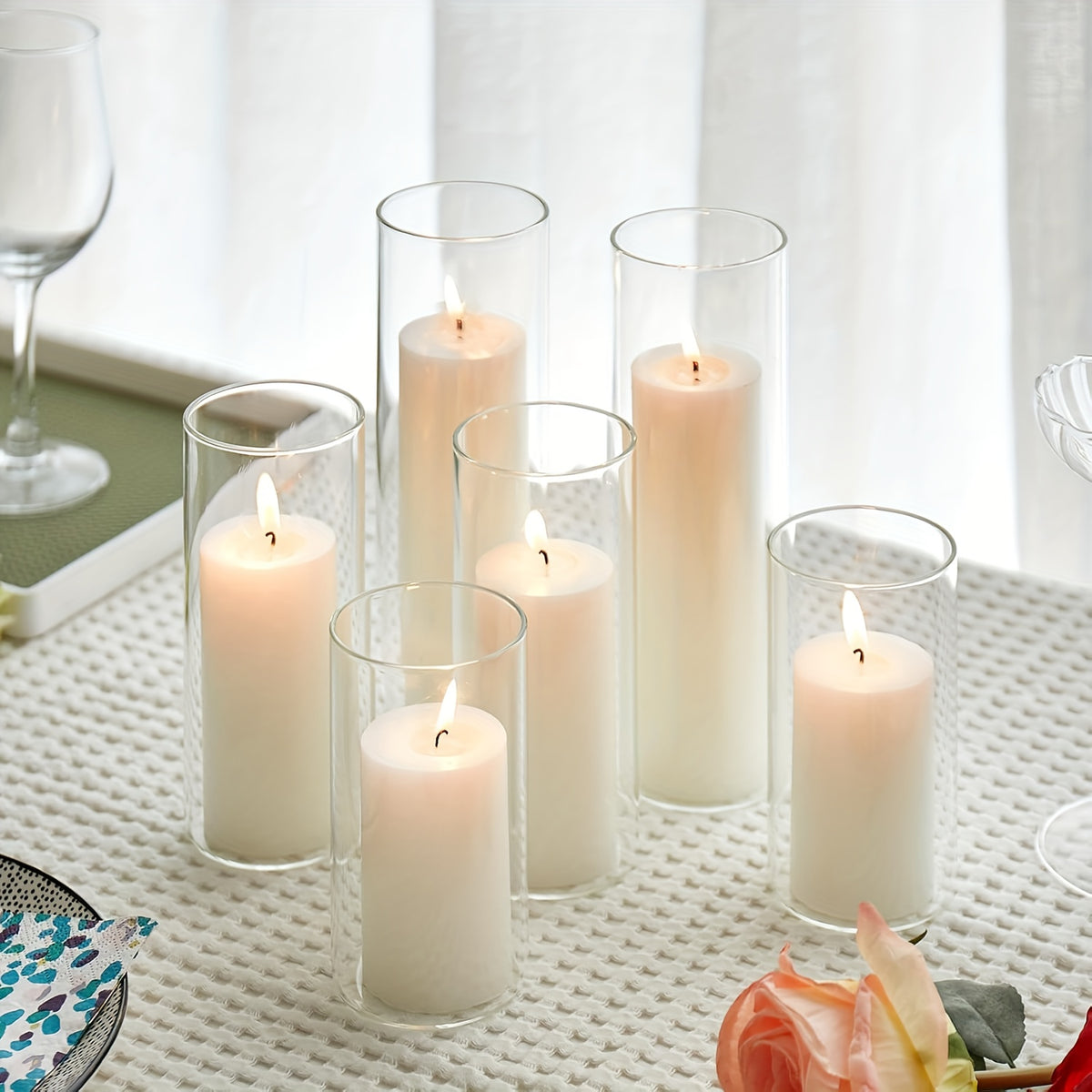 6pcs Transparent Cylindrical Vases, Windproof Candle Holders, High Borosilicate Glass, Durable and Sturdy, Ideal for Wedding Supplies, Birthday Parties, Proposals, Christmas, Anniversaries, Romantic Dinners, Candle And Vase Decorations