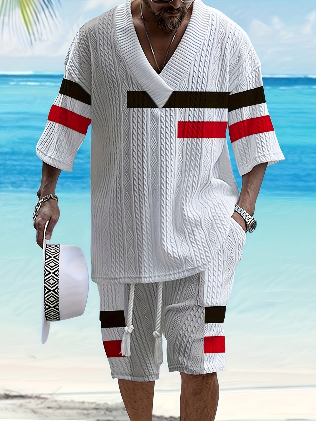 American Heavyweight Jacquard Line Print Casual Men'S V-Neck Drop Shoulder Loose Large Version Hawaiian Short Sleeve Shorts Set