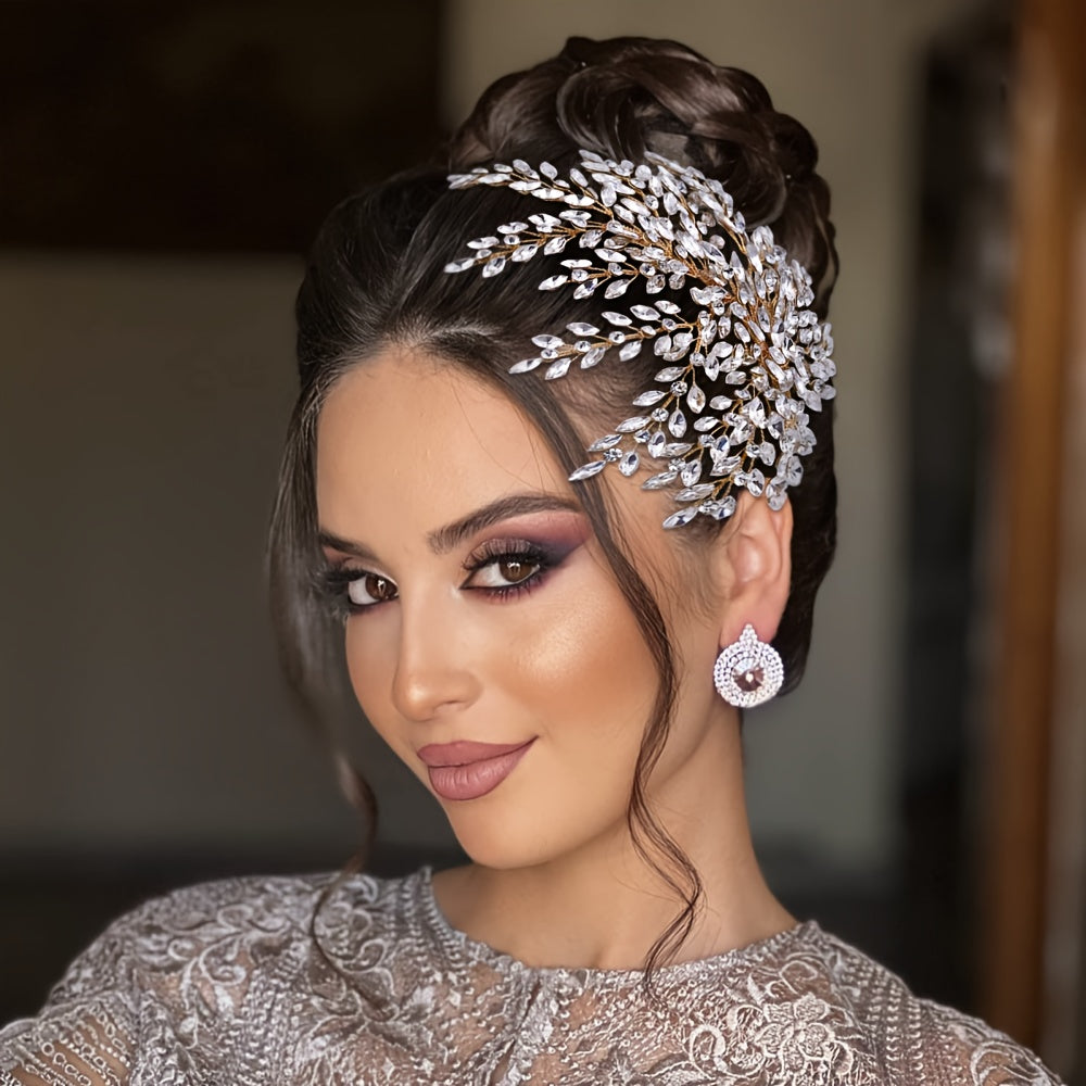 Elegant Bohemian-Inspired Leaf & Floral Headpiece with Sparkling Rhinestones - Curved Hairband for Weddings, Parties, and Formal Events, Wedding Hairpiece | Floral Hairband | Sparkling Embellishments, Wedding Hair Accessories