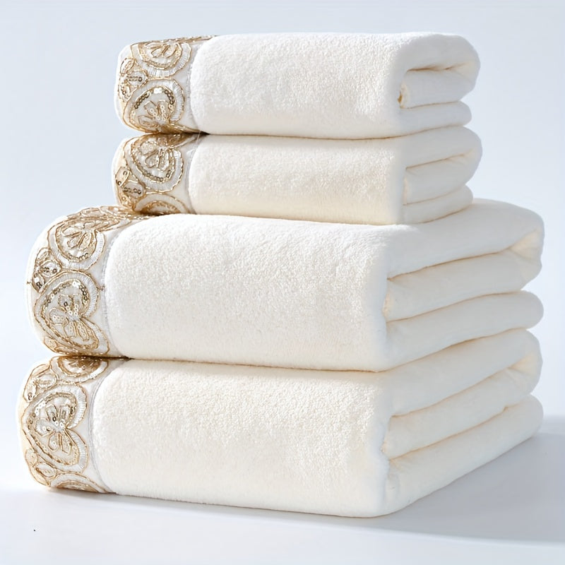 4pcs Set 2pcs 34*75cm+2pcs 70*140cm Romantic Love Lace Towels Microfiber Coral Fleece Soft Comfortable Absorbent Non-Shedding Hair Washing Bath Towel Bath Towel Set for Home Use