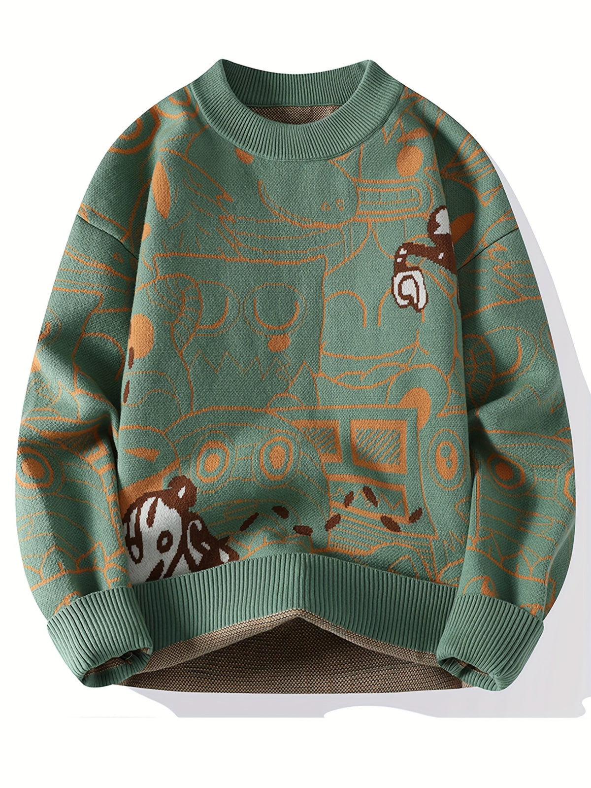 Men'S Cozy Geometric Pattern Sweater - Thick, Warm Pullover with Brown & White Design, Long Sleeves, Round Neck, Perfect for Fall/Winter Casual Wear, Casual Winter Wear | Trendy Pullover | Acrylic Knitwear, Men Sweater/cardigan/sweatshirt, Men Clothes