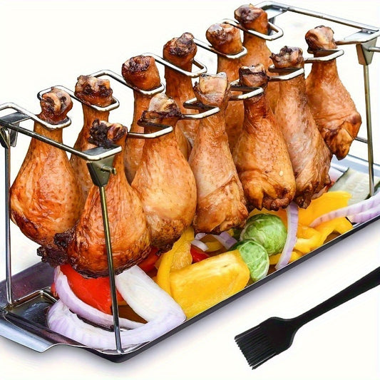 2pcs The Leg Rack with Slots Is Suitable for Grilling Chicken Legs And Wings, Made of High Grade Stainless Steel, Foldable, Equipped with a Removable Draining Tray That Can Be Cleaned in The Dishwasher; It Is Ideal for Use in Ovens, Grilling Racks, C, Ki