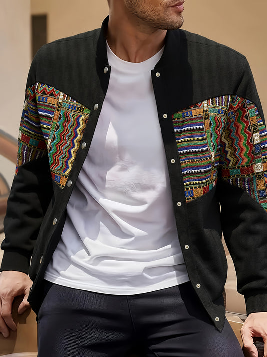 A Patchwork Ethnic Style Long-Sleeve Baseball Collar Casual Corduroy Jacket with a Four-Button Opening, Featuring Side Pockets, a Ribbed Hem, And Suitable for Fashion, Casual, Formal, Sports, And Outdoor Activities for Men