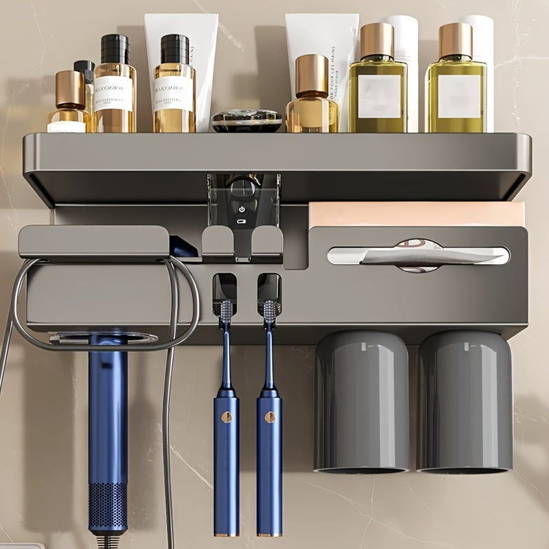 A Wall-Mounted Suction Cup Toothbrush Holder And Hairdryer Storage Rack, Multifunctional with One Storage Box And Two Cups, Suitable for Storing Hairdryers, Razors, Toothbrushes, And Cosmetics in The Bathroom.