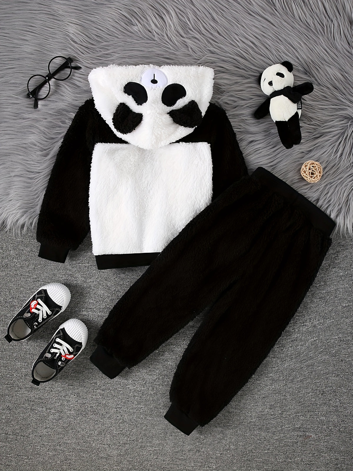 Children'S First Set of Autumn and Winter Two-Piece Hooded Long Sleeve Patchwork Sweatshirt + Pants Suit Panda Hat New Fashion Casual Trend Suitable for Boys and Girls, for Outdoor