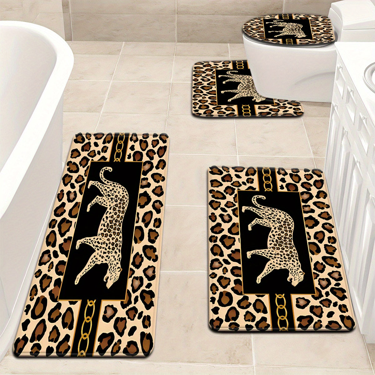 Open 3pcs/4pcs Fashion Simple Leopard Print Bathroom Mat Set Toilet Lid Cover and Rug Bath Decor U-shaped Foot Pad