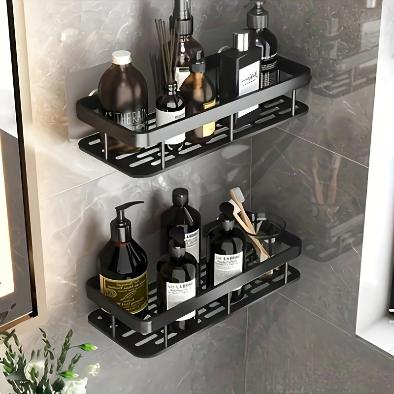 2pcs No-Drill Aluminum Black Shower Caddies - High Load Capacity, Space-Saving Bathroom Organizer Shelves