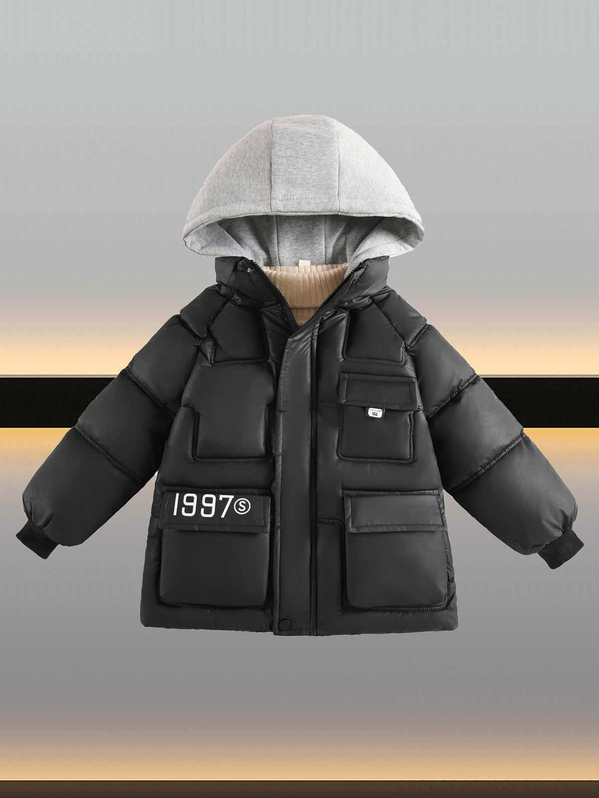 Boys' Winter Warm Coat Featuring a Trendy Faux Two-Piece Design, Print with Polyester Fiber, Thickened for Warmth, Windproof, And Equipped with a Hood, Perfect for Youth Outerwear.