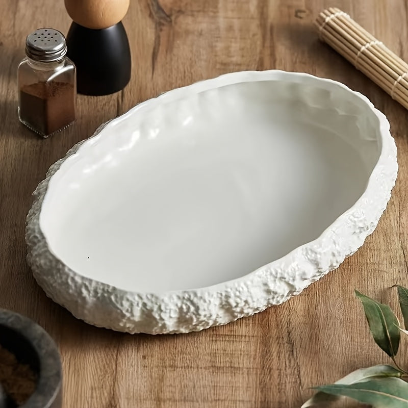 Large Oval Ceramic Seafood Steaming Plate with Rock Texture Design – Elegant White Serving Dish for Lobsters, Snails, and Deep Stews – Perfect for Home, Hotel, and Club Dining