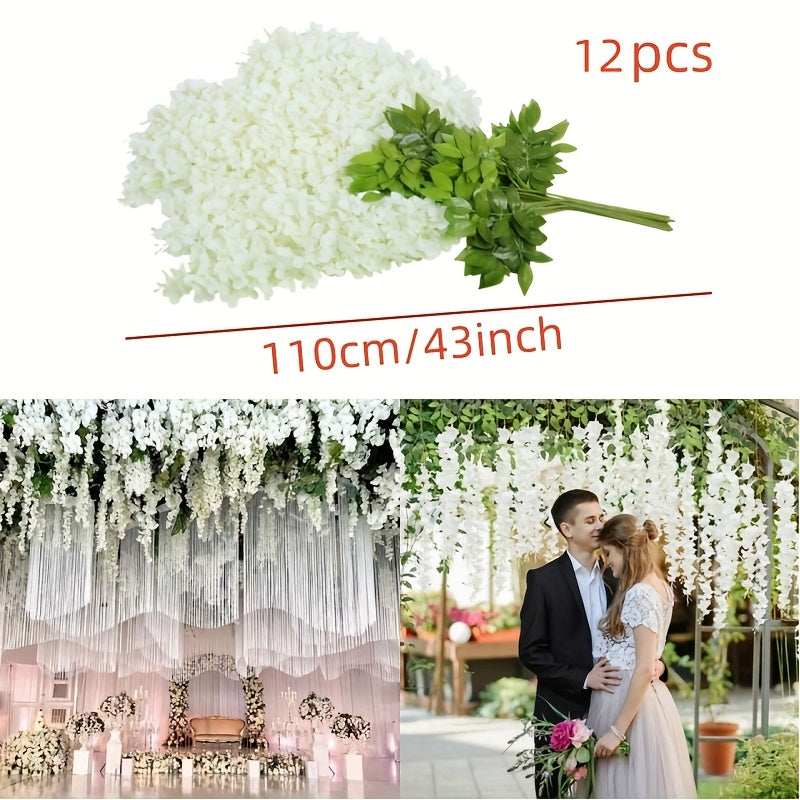 12-Pack Artificial White Wisteria Hanging Flowers, Outdoor Faux Greenery for Weddings, Parties, Hotels, Birthdays, Festive Decorations, Garden Wall and DIY Table Arrangements - Perfect for Summer & Autumn Thanksgiving Romantic Wedding Season with Leaves,