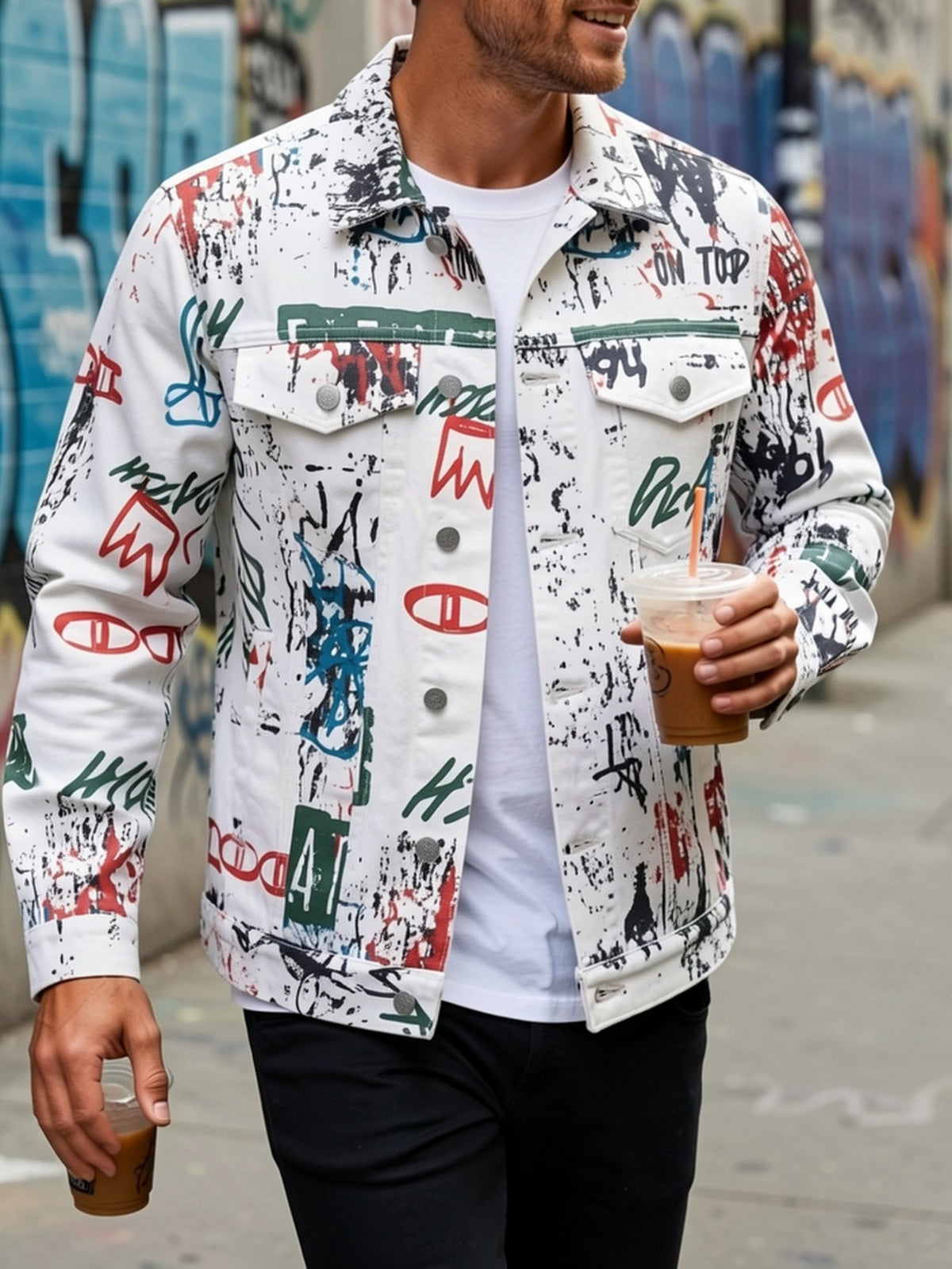 Men's Streetwear Denim Jacket with Random Graphic Print - Regular Fit Long Sleeve, Machine Washable, Single-Breasted Button Front for Casual Daily Wear