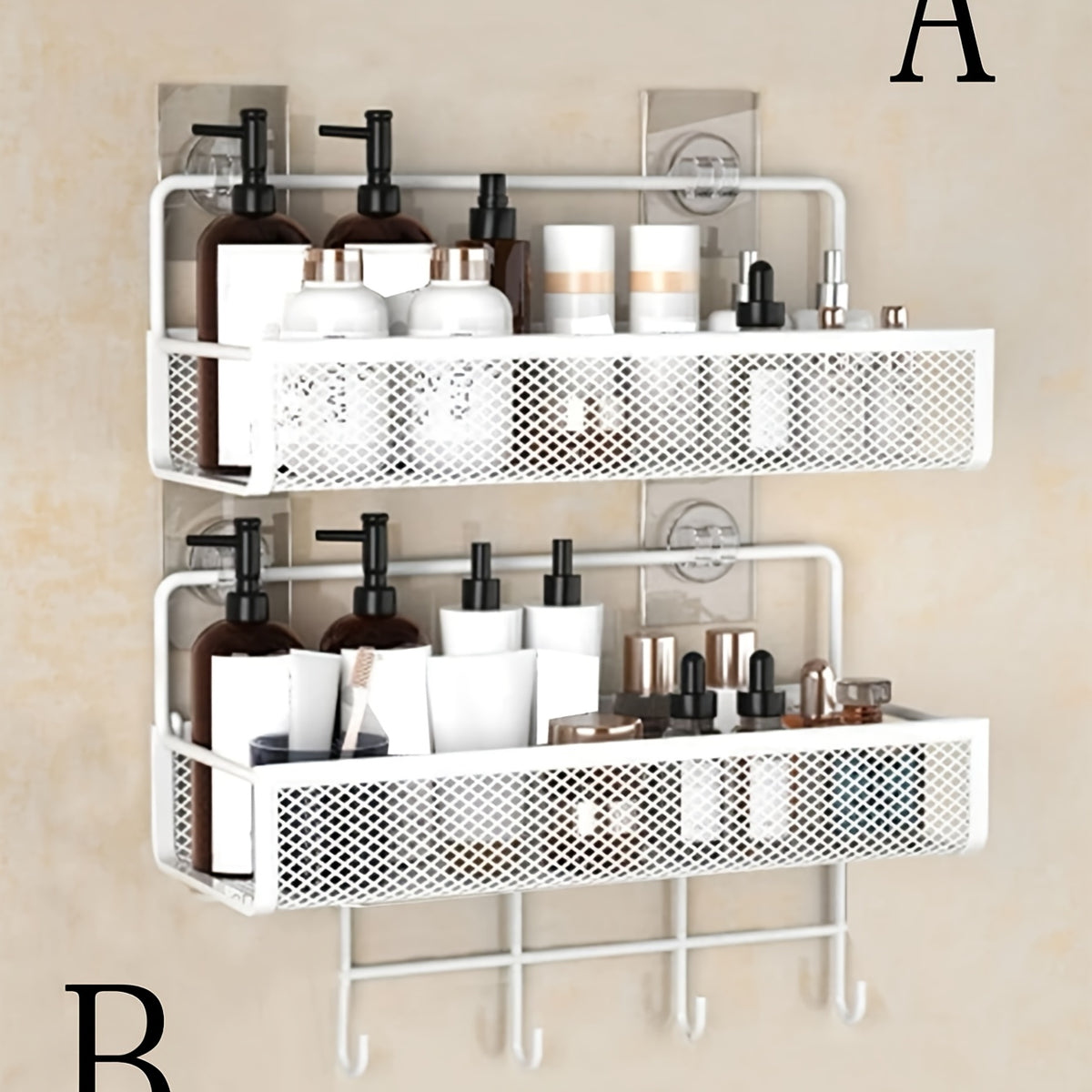 1pc White Iron Bathroom Wall-Mounted Storage Shelf with Adjustable Shelves & Suction Cup Hooks - No Drill Installation, Space-Saving Modern Design for Shower, Bathtub, Sink Organization - Rust-Resistant Paint Finish, Durable Bathroom Organizer