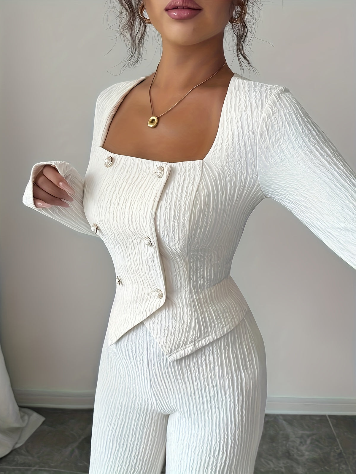 Women's Autumn/Winter Solid Color Square Neck Long Sleeve Slim Fit Top and Loose Pants Simple Elegant Set, Two-Piece