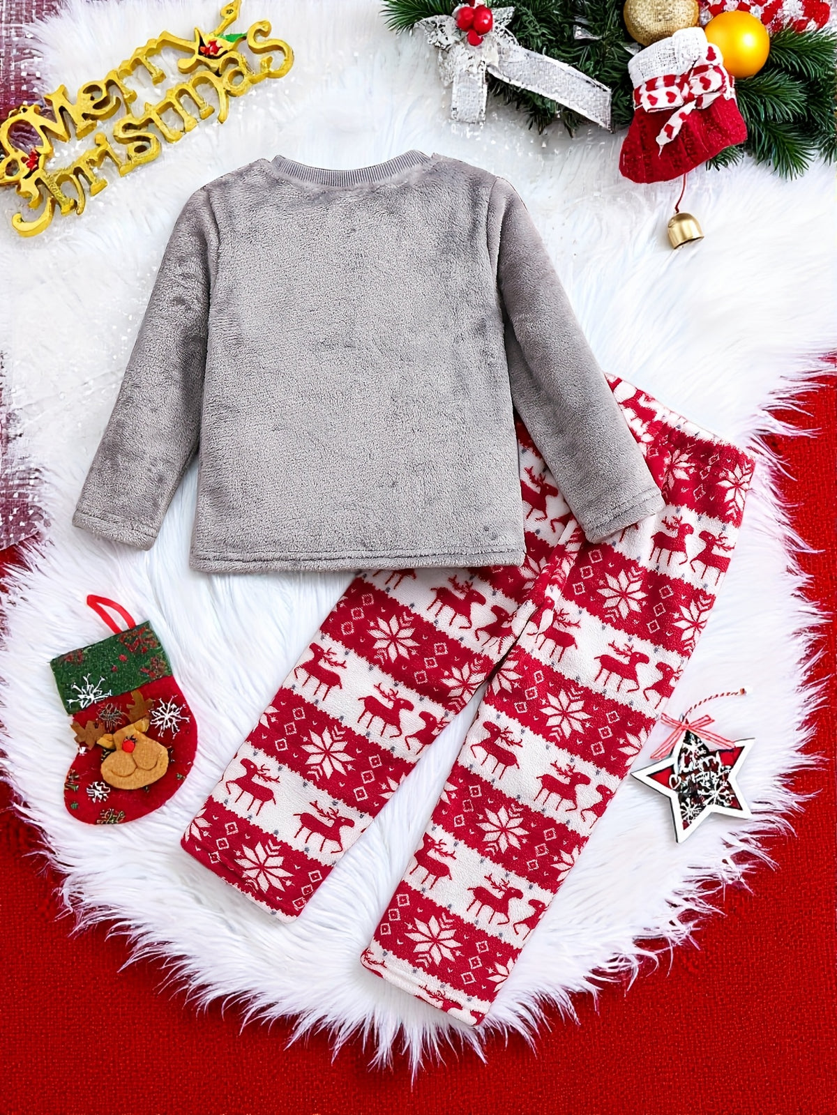 Boys' Pajamas Autumn/Winter 2-Piece Set, Long Sleeve and Trousers Crew Neck Pullover Flannel Loungewear Suit in Gray with Christmas Cartoon Santa Claus / Reindeer / Snowflake Prints, for Children Aged 4 - 7