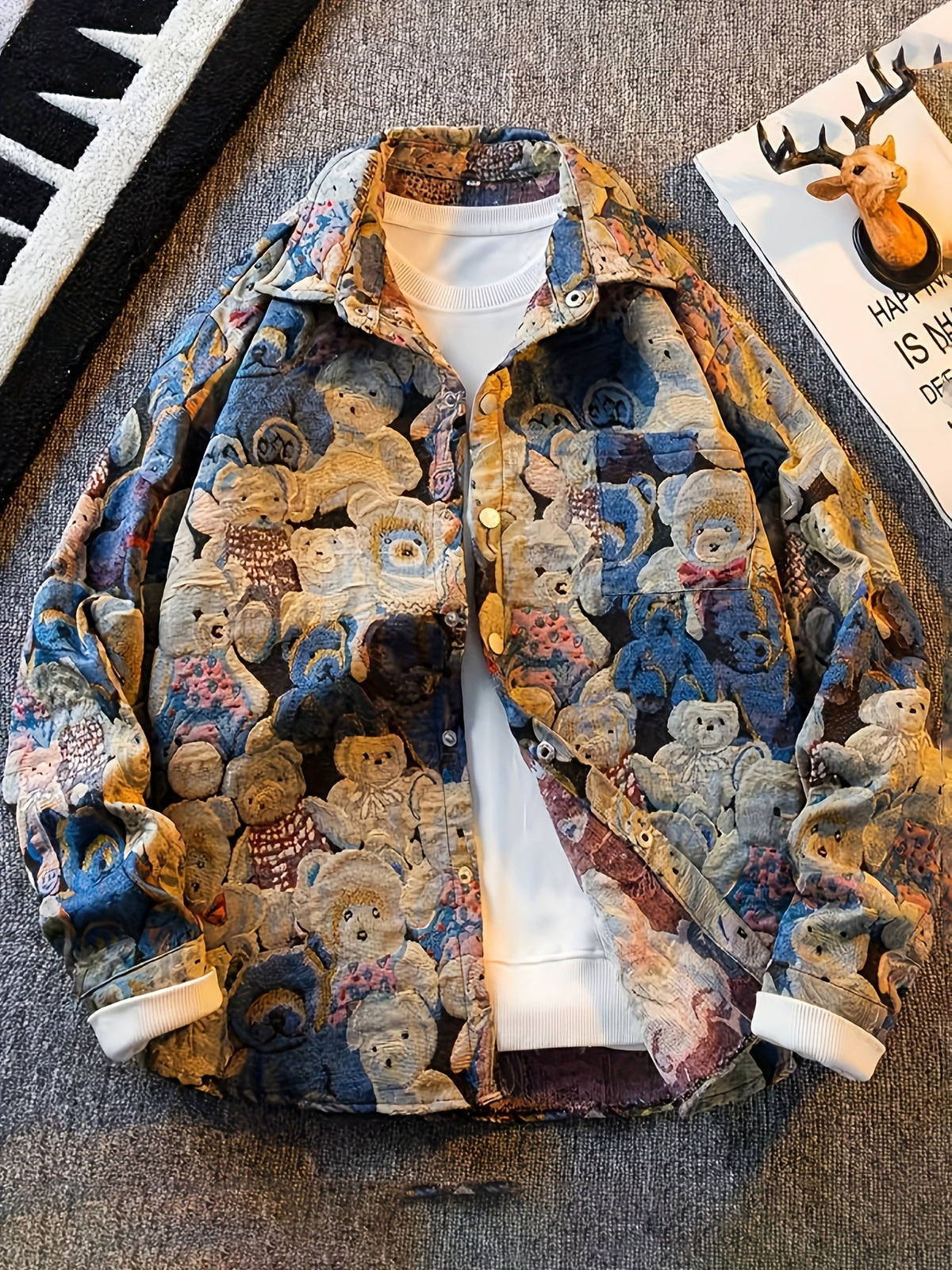 Men'S Vintage Americana Shirt Jacket - Softshell Button-Front Coat with Teddy Bear Pattern, Classic Collar & Pocket - Lightweight Casual Outerwear for Everyday & Formal Events - Retro Jacket in Blue/Red/Beige/Black/White/Gray/ - Autumn Layering Essential