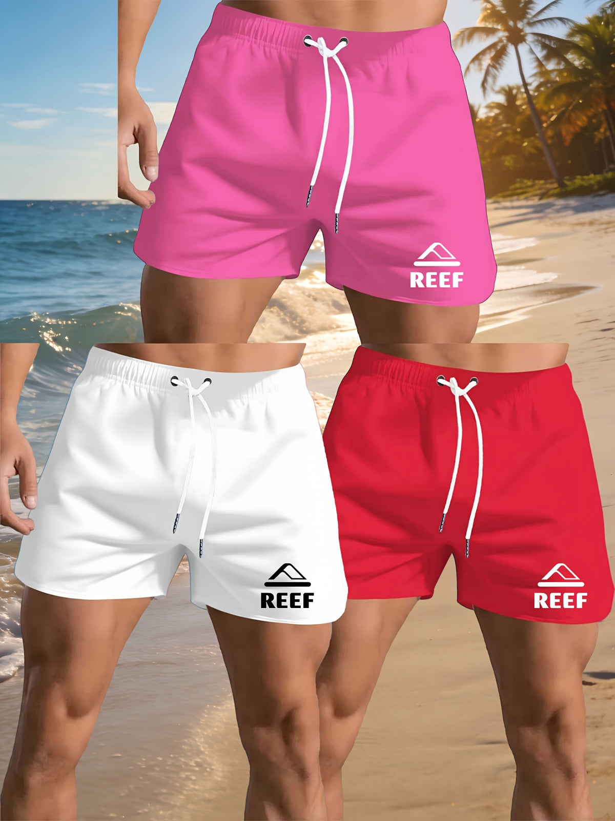 Men's Quick-Dry Beach Shorts 3pcs Set, Unlined Design, Breathable Seaside Casual Shorts