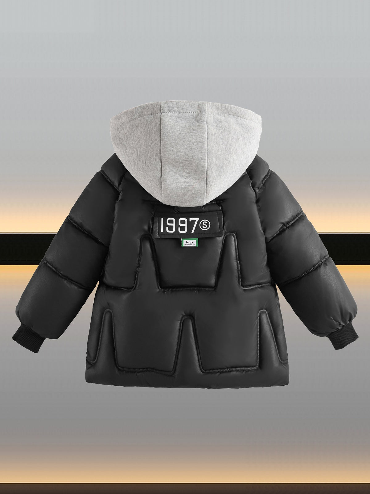Boys' Winter Warm Coat Featuring a Trendy Faux Two-Piece Design, Print with Polyester Fiber, Thickened for Warmth, Windproof, And Equipped with a Hood, Perfect for Youth Outerwear.