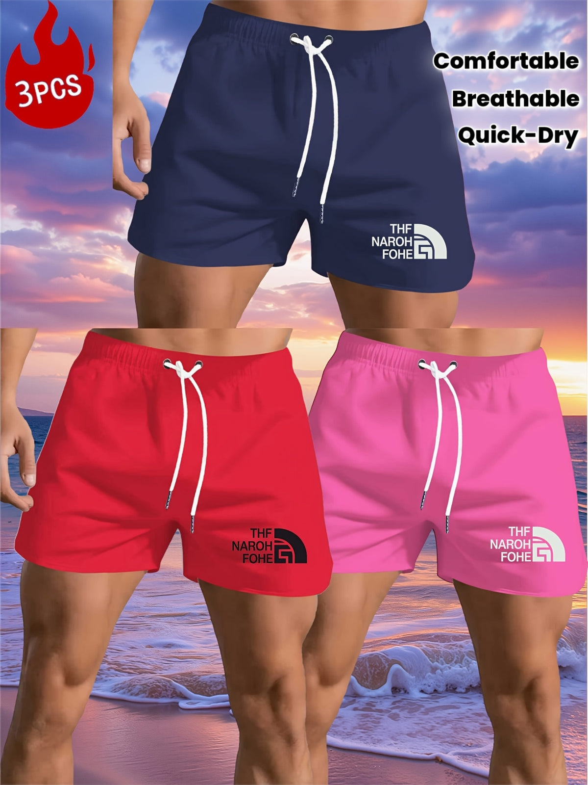 Men's Athletic Shorts 3pcs Suit, Fashionable Breathable and Quick-Drying, Essential for Seaside Beach, Comfortable Casual Pants.