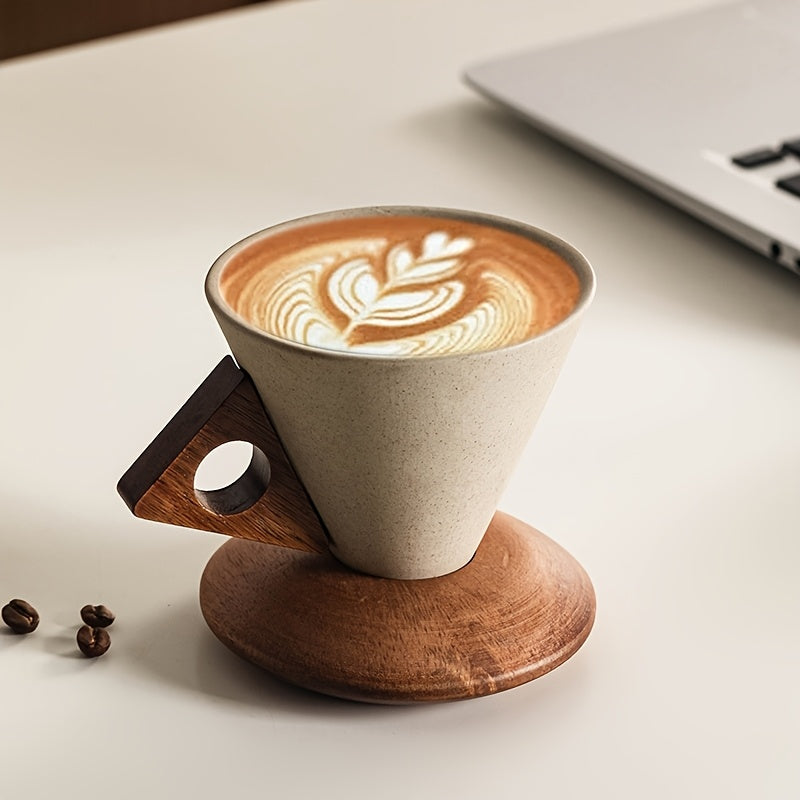 1pc 100ml/250ml Handcrafted Ceramic Coffee Cup with Wide Mouth for Latte Art, Funnel-Shaped Heat-Resistant Wooden Handle and Solid Wood Coaster, Premium for Home, Office, or Café Use, Ideal for Gifting