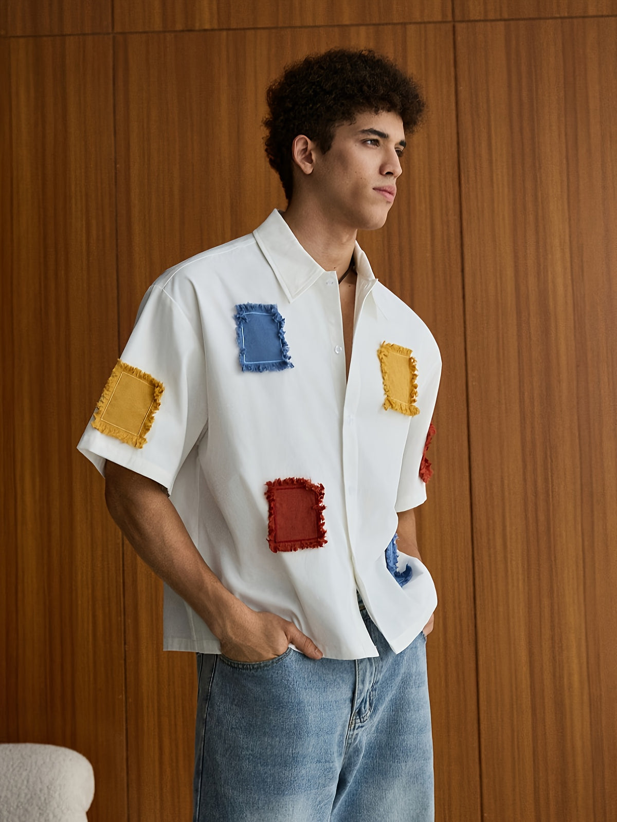 Men'S Summer Casual Contrast Patchwork Shirt, Lapel Short Sleeve Fashion Shirt