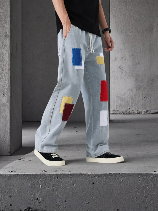 Men'S Casual Loose Fit Street Style Multi-Color Patchwork Non-Stretch Denim Fabric Elastic Waist Drawstring Light Blue Jeans for All Seasons
