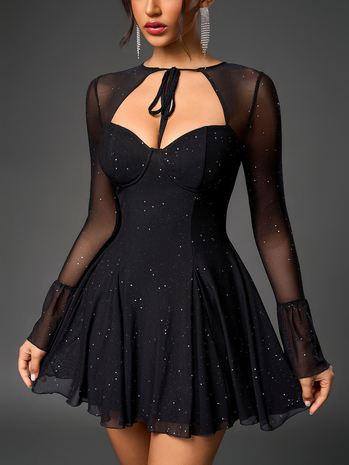 Tie Front Cut Out Ruched Bodycon Sequin Mesh Dress | Solid Color with Sequin Details, Crew Neck, Cute Style for Adults