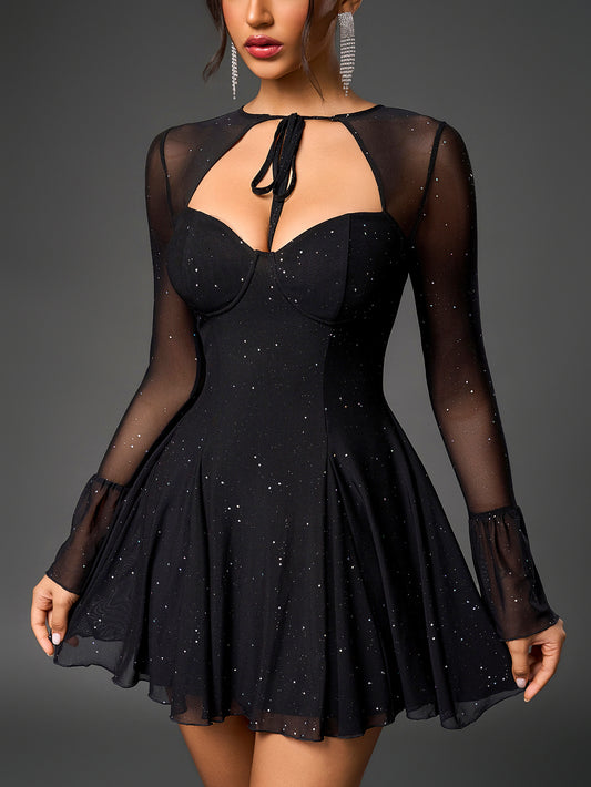 Tie Front Cut Out Ruched Bodycon Sequin Mesh Dress | Solid Color with Sequin Details, Crew Neck, Cute Style for Adults