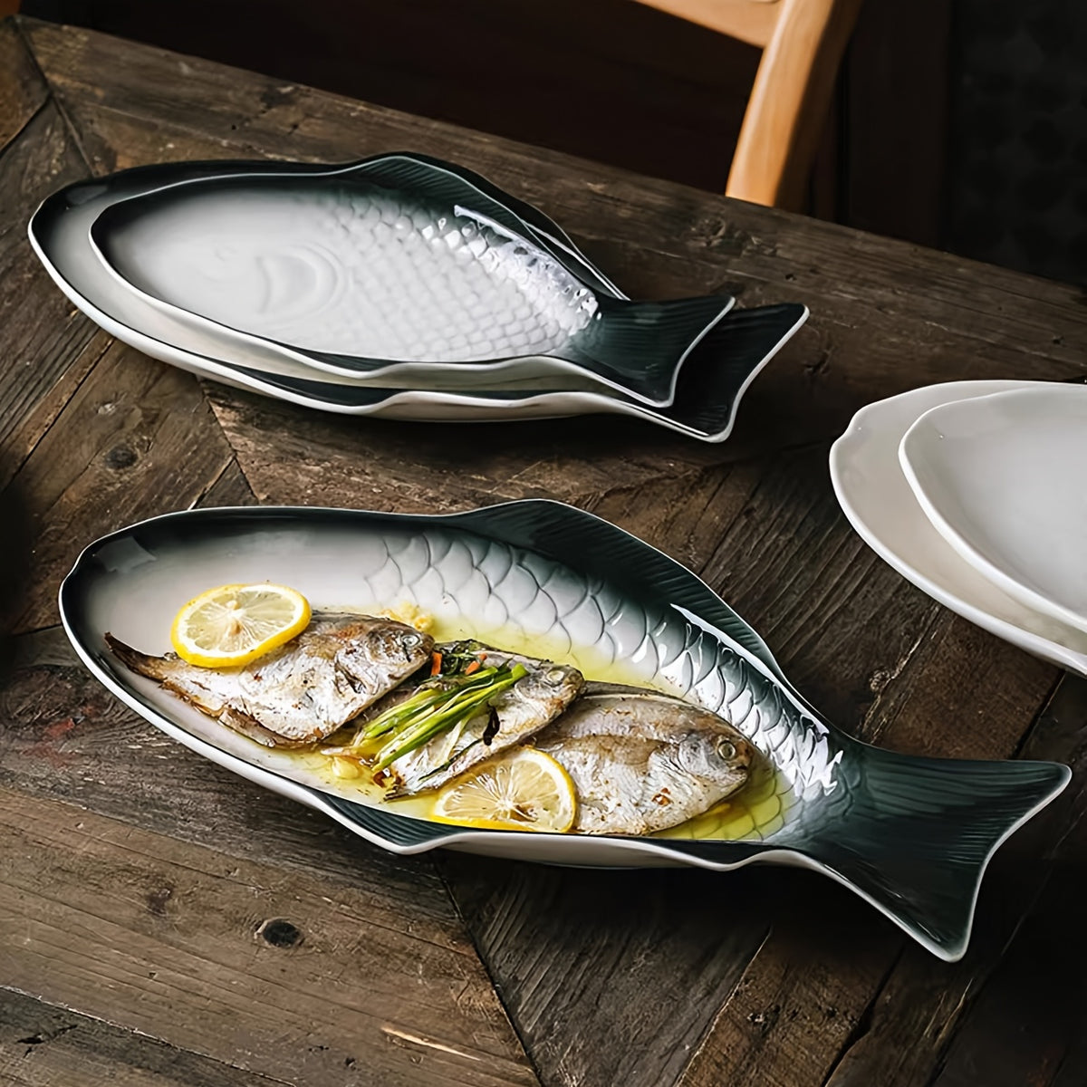 [2 Sizes Available] Upgraded Large Fish Plate Ceramic Salad Dinnerware, Suitable for Restaurant and Home Use, Restaurant Dinnerware, Tableware Collection, Aesthetic Serving Dishes, Decorative Dishware, Highquality Plates, Handcrafted Ceramics, Multipurpo