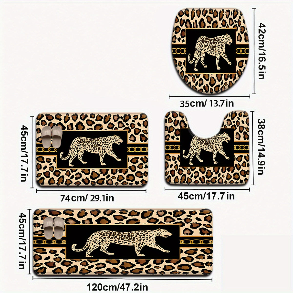 Open 3pcs/4pcs Fashion Simple Leopard Print Bathroom Mat Set Toilet Lid Cover and Rug Bath Decor U-shaped Foot Pad