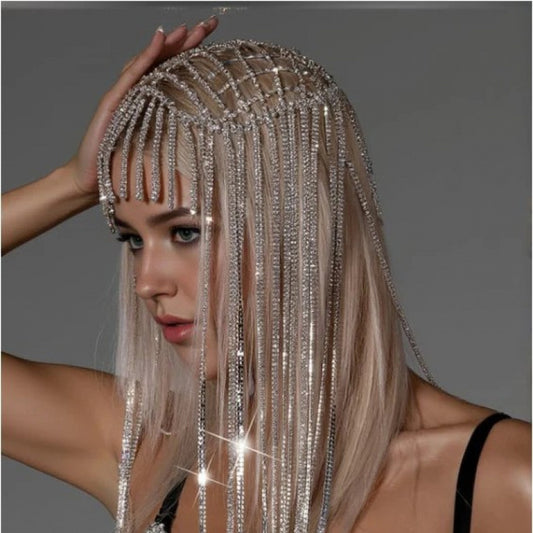 Sparkling Rhinestone-Encrusted Mesh Tassel Head Chain - Versatile, Trendy Hair Accessory for Brides & Special Occasions