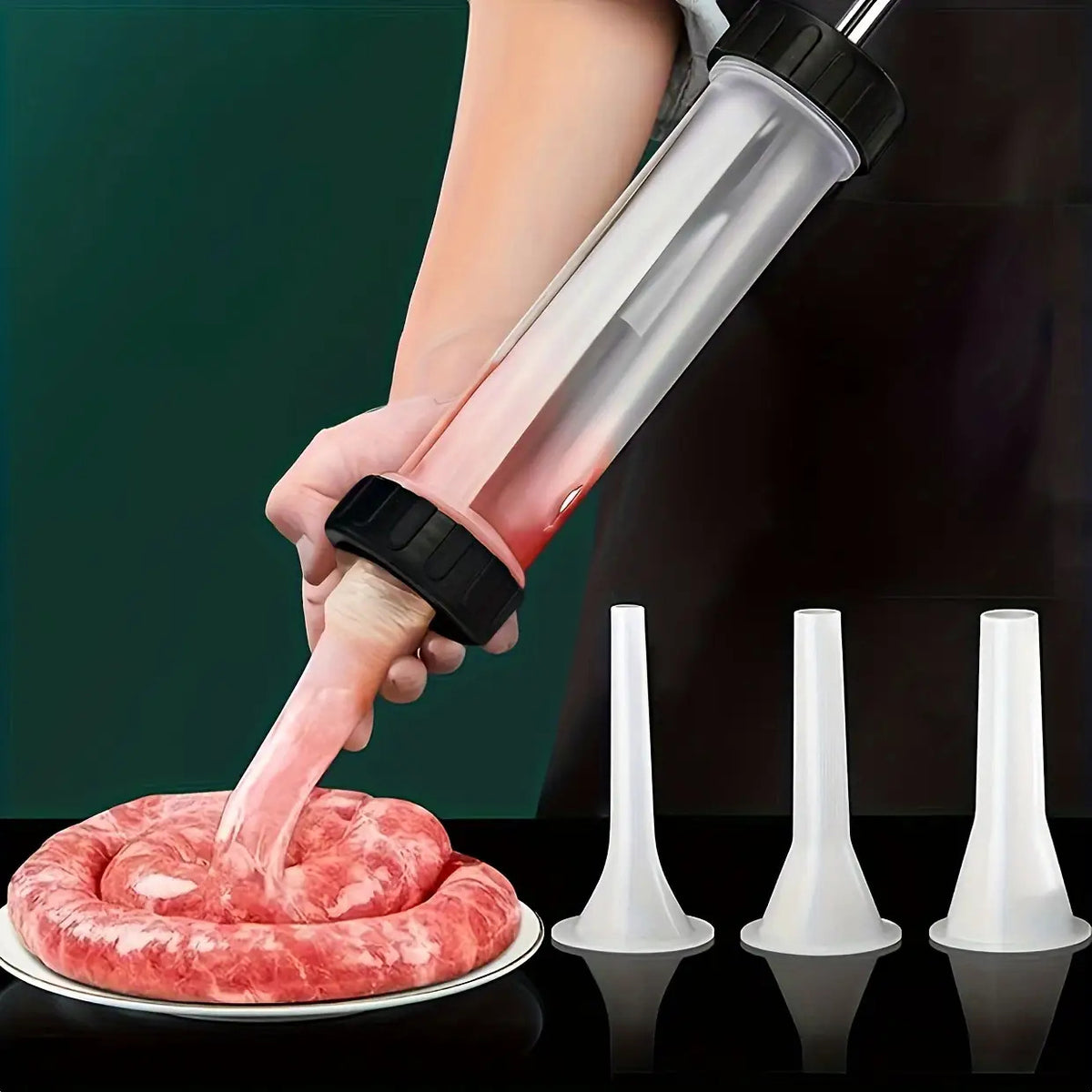 1pc Large Capacity 3-Nozzle Manual Sausage Stuffer - Easy-to-Use Handheld Sausage Pump for Kitchen, Food-Safe Plastic, Ideal for Making Various Sausages, Durable Plastic Construction, Sausage Making Equipment|Modern Kitchen Tool|Durable Plastic