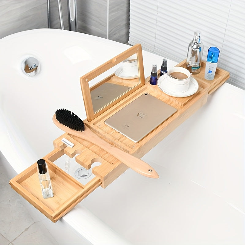Adjustable Bamboo Bath Caddy, Expandable Wooden Bathtub Shelf with Mirror, Multi-Functional Luxury Bathroom Storage Rack, Rustic Organizer for Tub Accessories