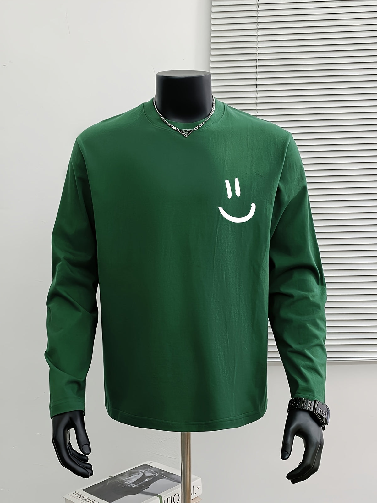 Men'S Heavyweight Cotton Long Sleeve T-Shirt with Back Smile Graphic - Relaxed Fit Round Neck Casual Top for Spring/Fall, Versatile Layering Essential, Machine Washable, Multi-Occasion Wear, Spring Fall Apparel, Playful Design, Durable Casualwear, Everyd
