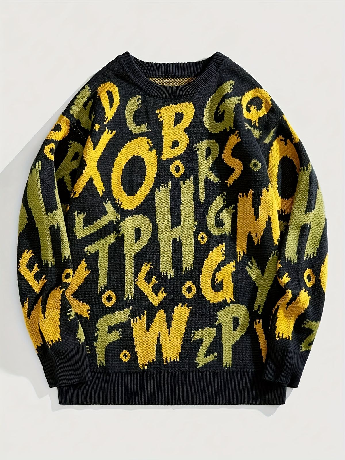 Men'S Oversized Knit Sweater with Bold Letter Print - Cozy Long Sleeve Crew Neck Pullover for Fall/Winter, Casual Streetwear Style, Acrylic Blend, Relaxed Fit, Winter Streetwear | Bold Letter Print | Acrylic Blend Sweater