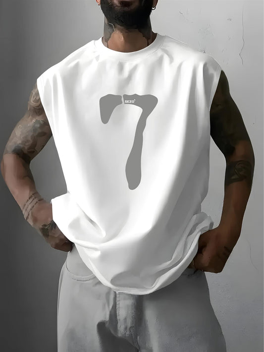 Men'S Oversized Sleeveless Tank Top White Number 7 Print Casual Daily Wear Gym Workout Streetwear Summer Fashion -Printed Design - Not Textured