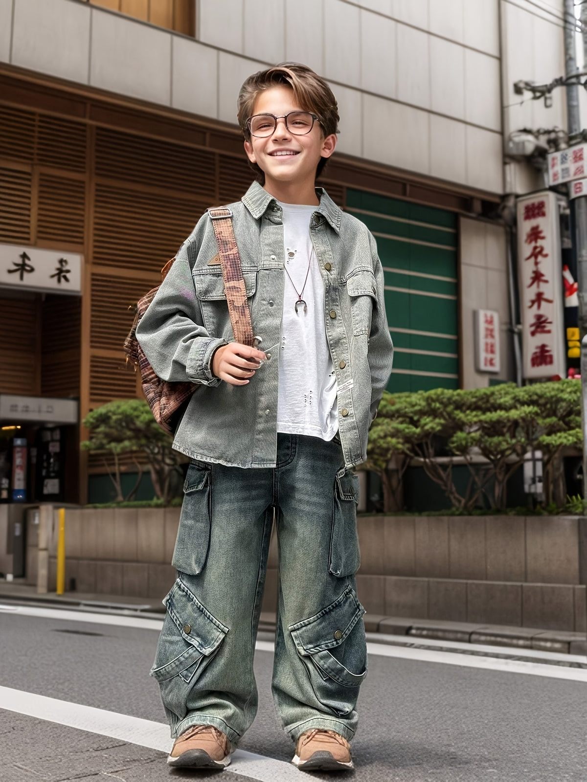 Boys' Autumn Loose Fit Denim Jacket and Cargo Jeans Set for Daily, School, Casual, and Outdoor Wear, Perfect for Outdoor
