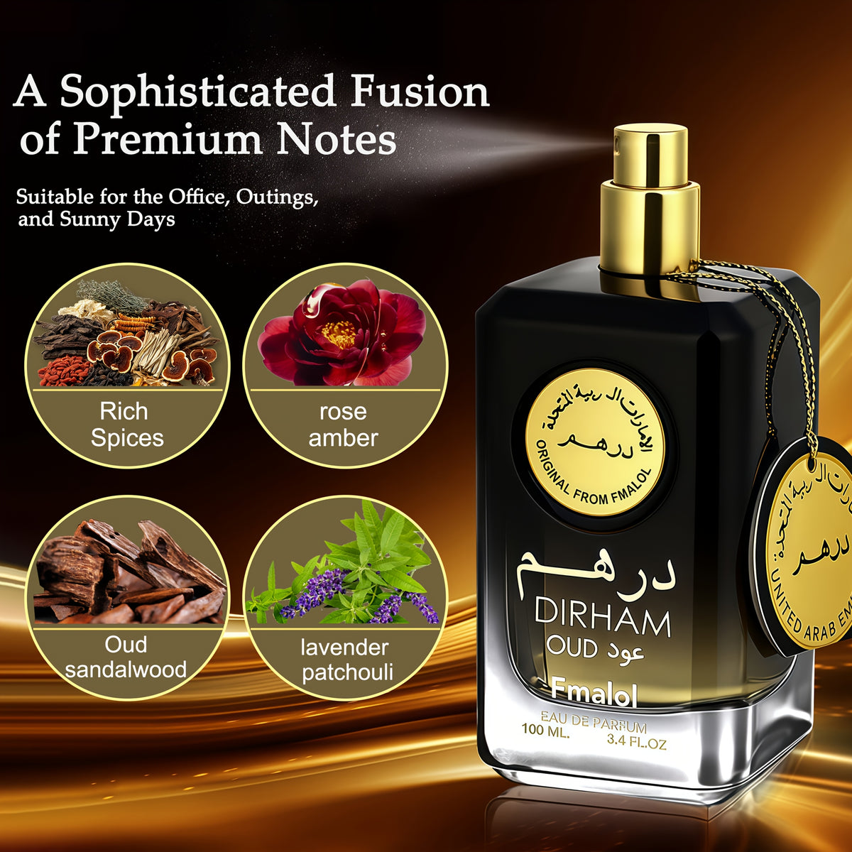 Dubai Oud Luxury Men's Eau de Parfum, 3.4oz. Arabian high - end gift box, featuring a Golden patterned water pot design with exquisite texture. It has an oriental woody fragrance, suitable for men to wear on high - end occasions and in daily life.,  Prem