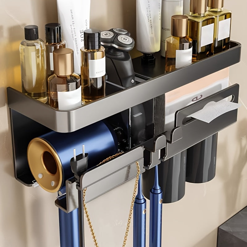 A Wall-Mounted Suction Cup Toothbrush Holder And Hairdryer Storage Rack, Multifunctional with One Storage Box And Two Cups, Suitable for Storing Hairdryers, Razors, Toothbrushes, And Cosmetics in The Bathroom.