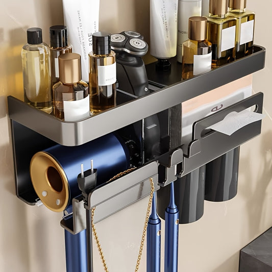A Wall-Mounted Suction Cup Toothbrush Holder And Hairdryer Storage Rack, Multifunctional with One Storage Box And Two Cups, Suitable for Storing Hairdryers, Razors, Toothbrushes, And Cosmetics in The Bathroom.