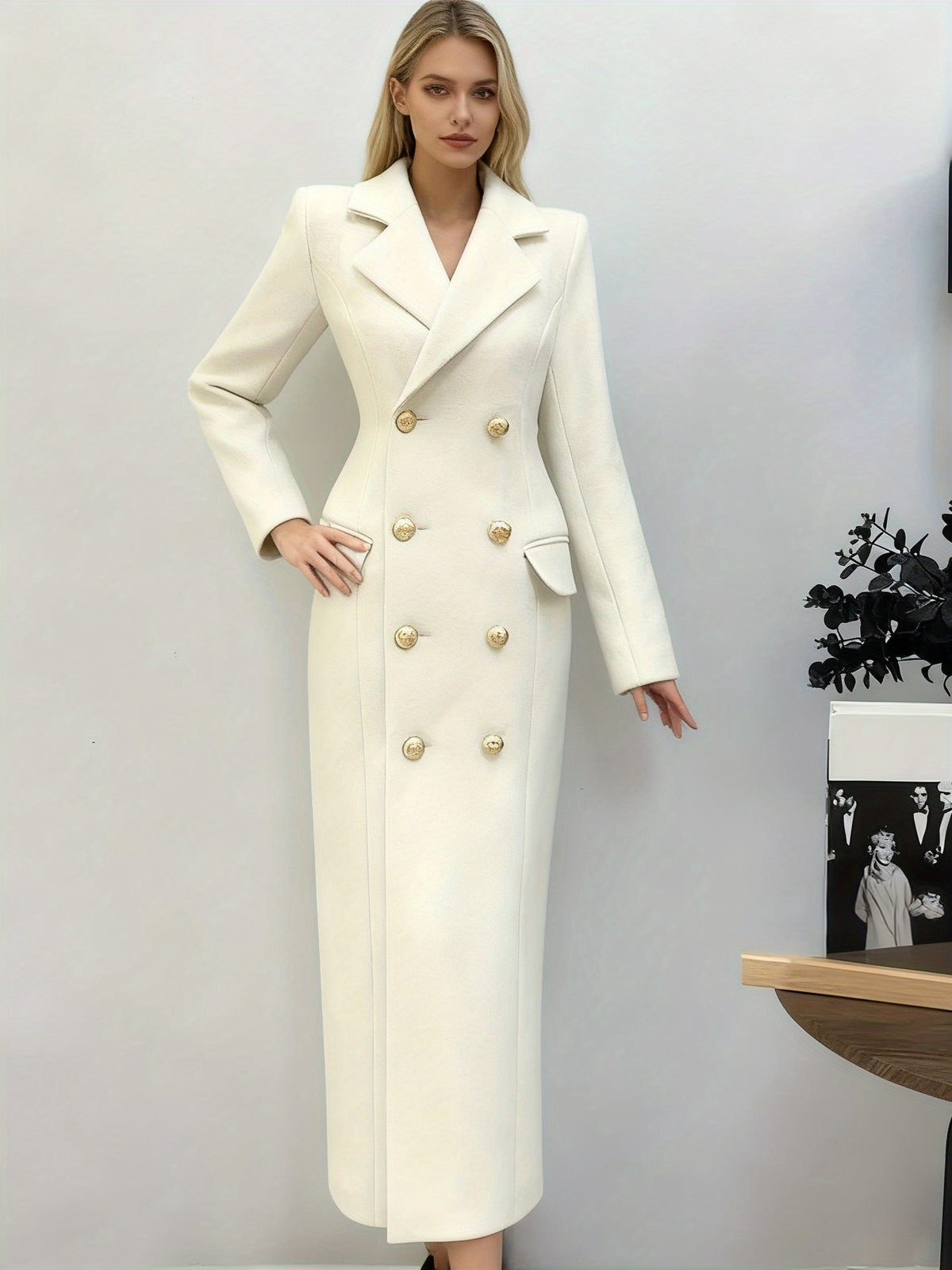 Women's Cream White Tweed H-Line Slim-Fit Long Winter Coat with Cross-Fall & Golden Button Closure - Elegant Fall/Winter Outerwear, Pocket Door Jacket (Dry Clean Only)
