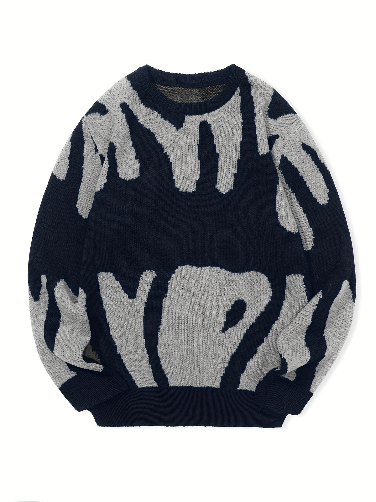 All Match Knitted Letter Print Sweater, Men's Casual Warm Slightly Stretch Crew Neck Pullover Sweater For Men Fall Winter, K-pop