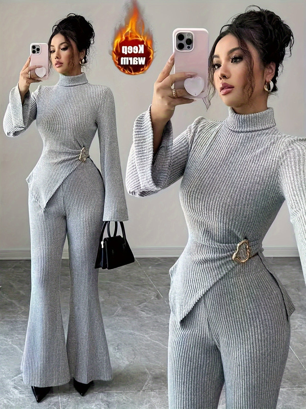 Two-Piece Set High Neck Ribbed Irregular Metal Decor Long Sleeve Top and Pants - Autumn/Winter Season, Suitable for Daily Wear, Elegant and Fashionably Simple