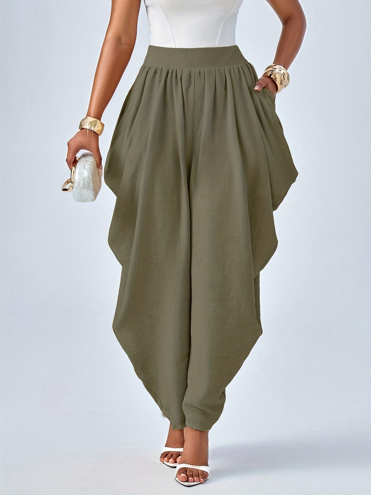 Women's Casual Elastic Waistband Slightly Flared Elegant Pocket Long Pants for Outings