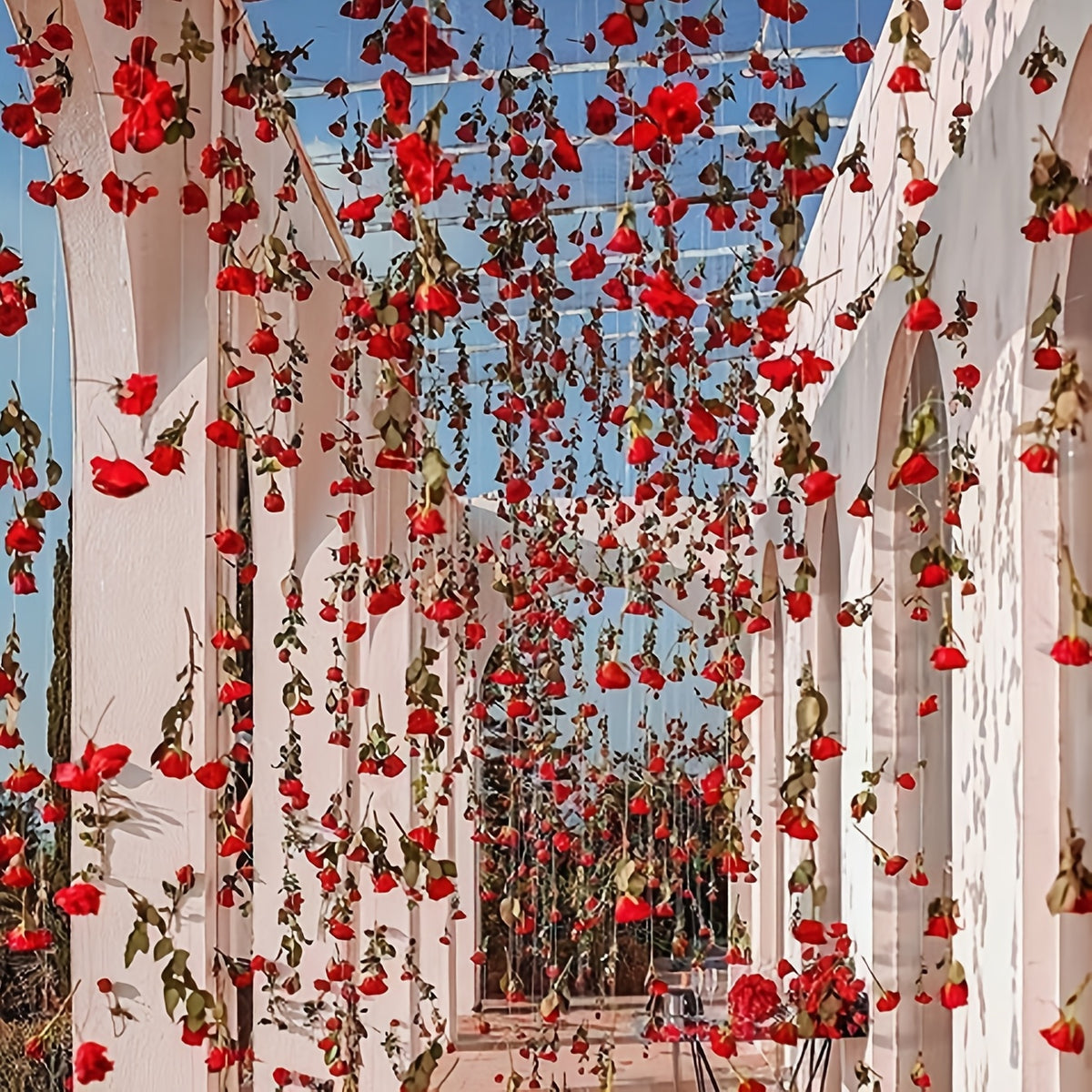 5pcs Romantic Red Rose Hanging Floral Decorations with 200cm Ribbon Roll, Polyester Wedding Archway and Ceiling Decor for Bridal Shower, Valentine'S Day Party Tabletop Decoration, Princess Theme
