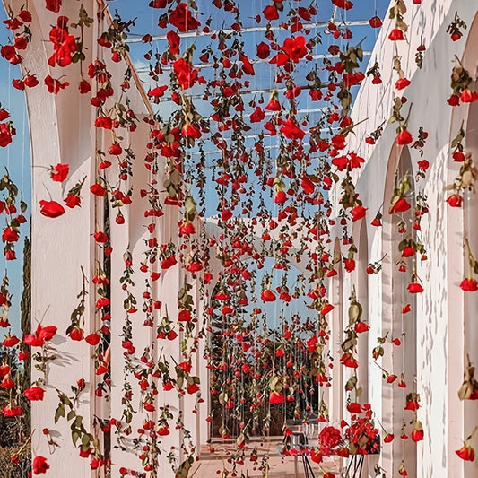 5pcs Romantic Red Rose Hanging Floral Decorations with 200cm Ribbon Roll, Polyester Wedding Archway and Ceiling Decor for Bridal Shower, Valentine'S Day Party Tabletop Decoration, Princess Theme